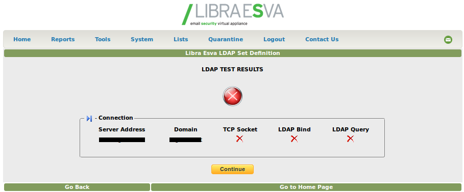 Configurazione LDAP fallita